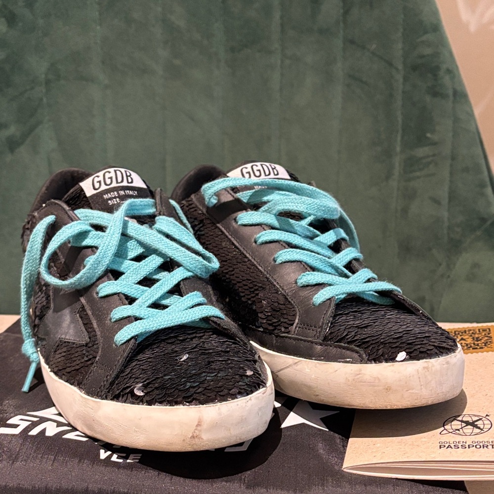 Golden Goose Black Sneakers with Teal Laces